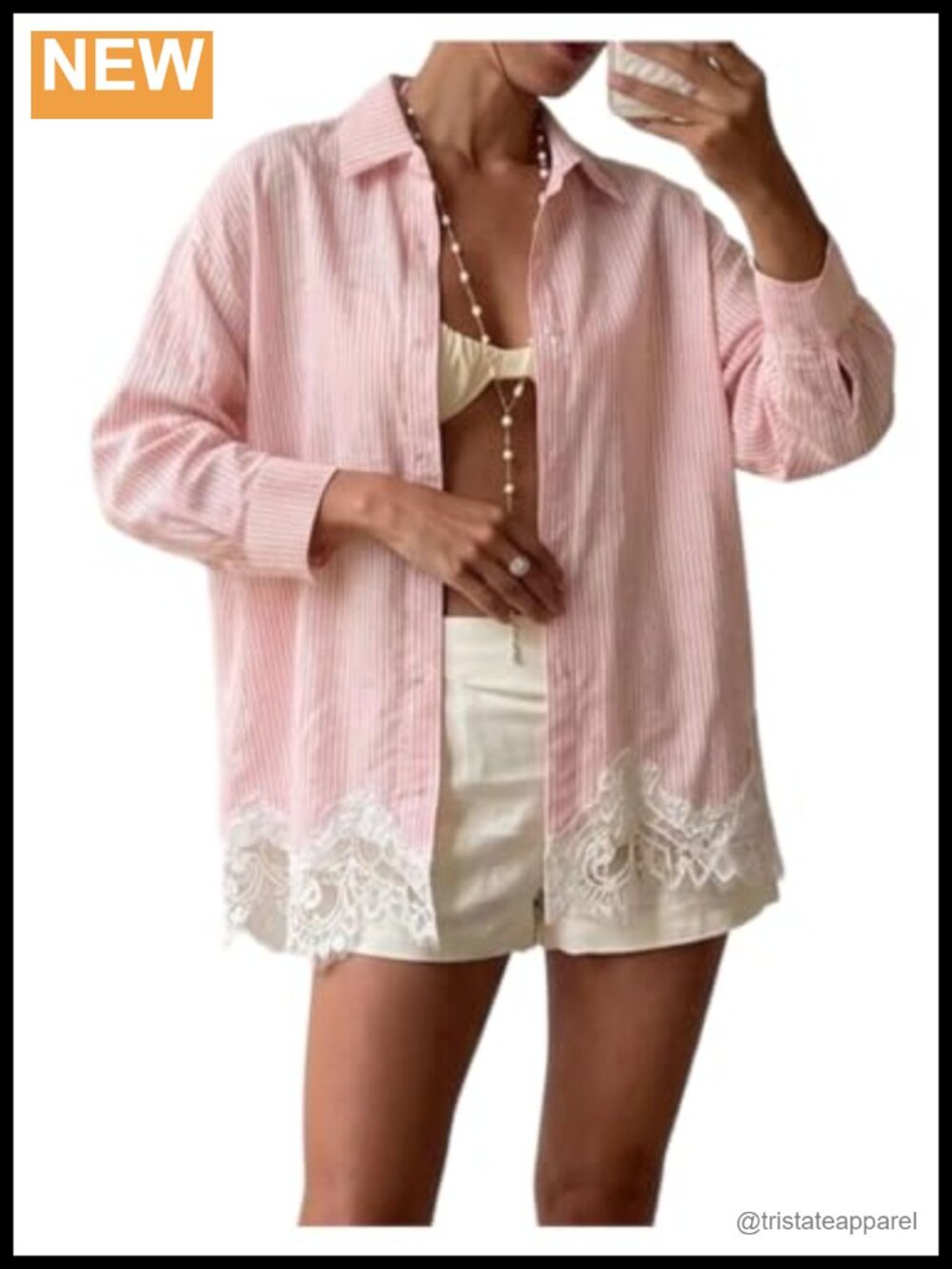 Women's Lace Striped Button Up Blouse, Long Sleeve Dressy Top